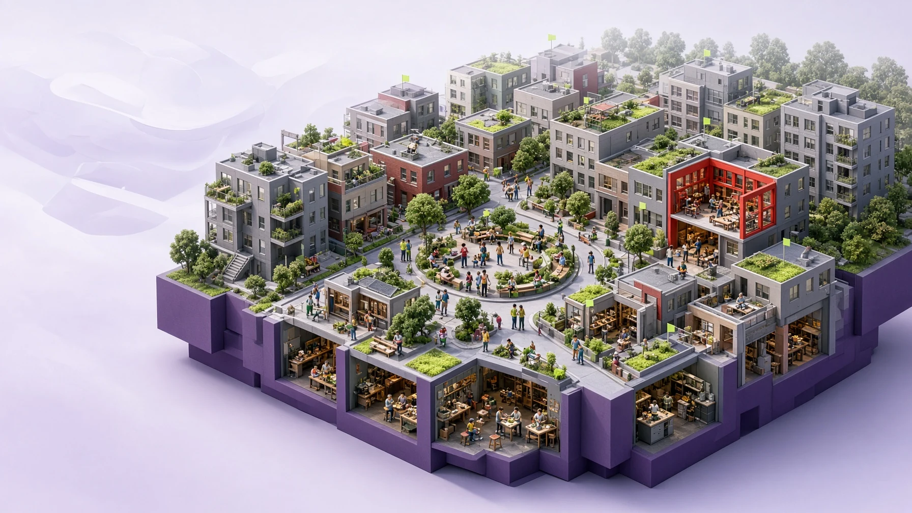 A luminous isometric neighborhood where several work, home, and community moments share one geography