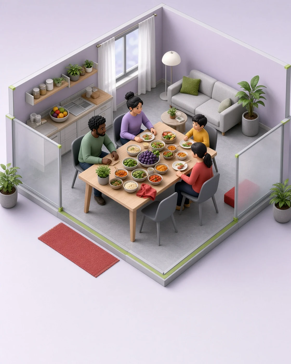 Close isometric view of a kitchen-table practice moment beside a clear home boundary