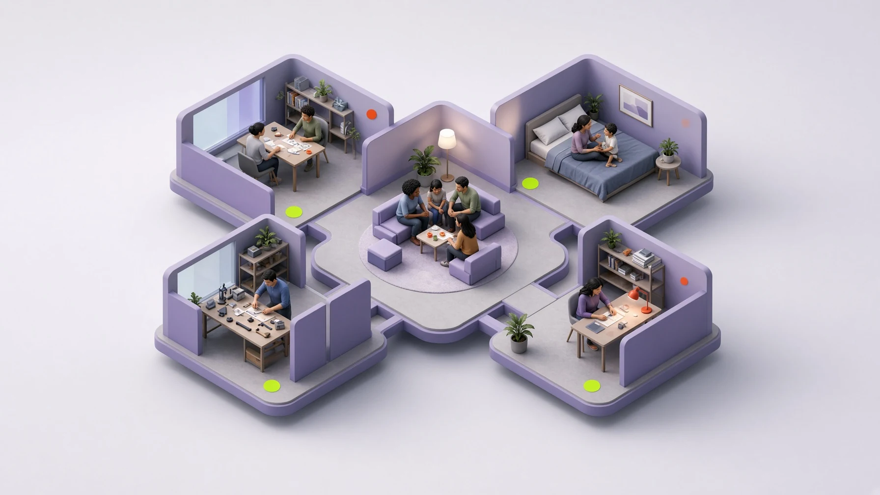 One neighborhood practice moment surrounded by four distinct interpretation zones
