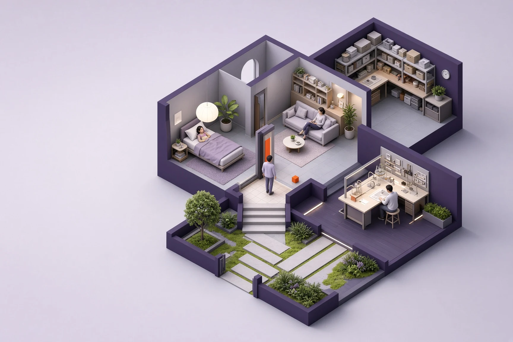 A home-work cutaway with care, rest, storage, and experiment space kept distinct