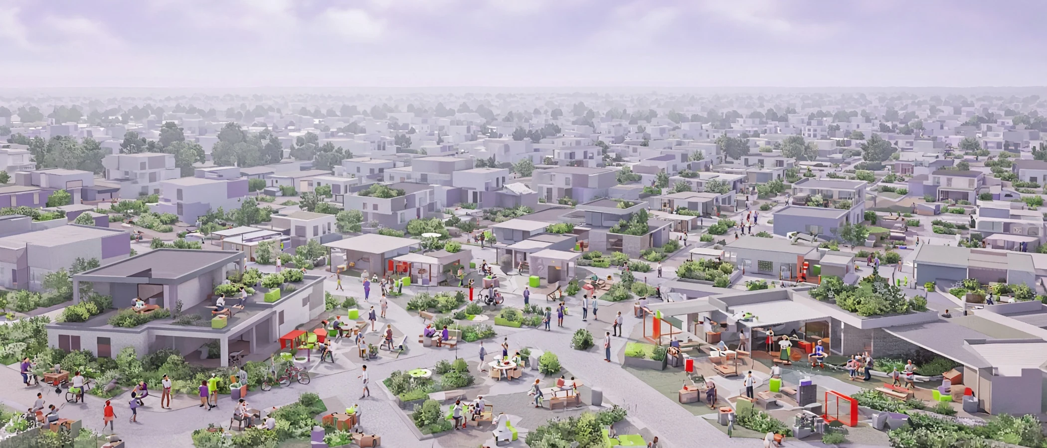 A wide contemporary neighborhood horizon joining community economy, conversation, and culture